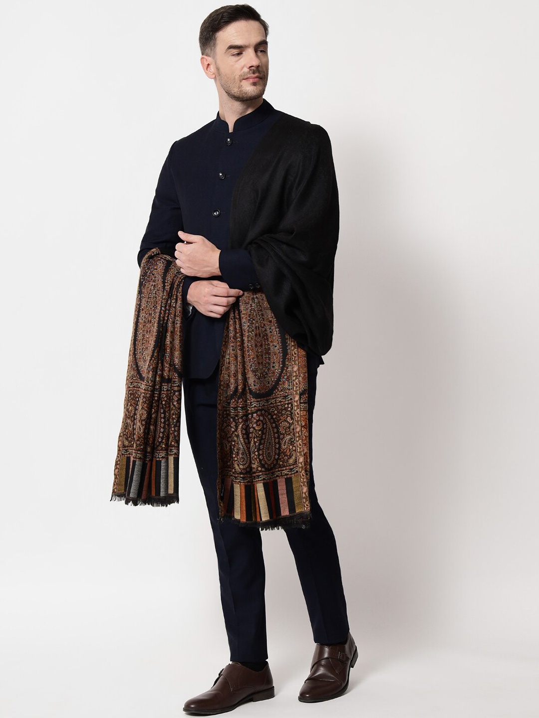 

Pashtush Men Black Woven Design Shawl