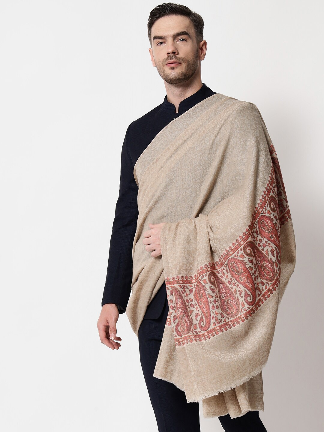 

Pashtush Men Beige Woven Design Shawl