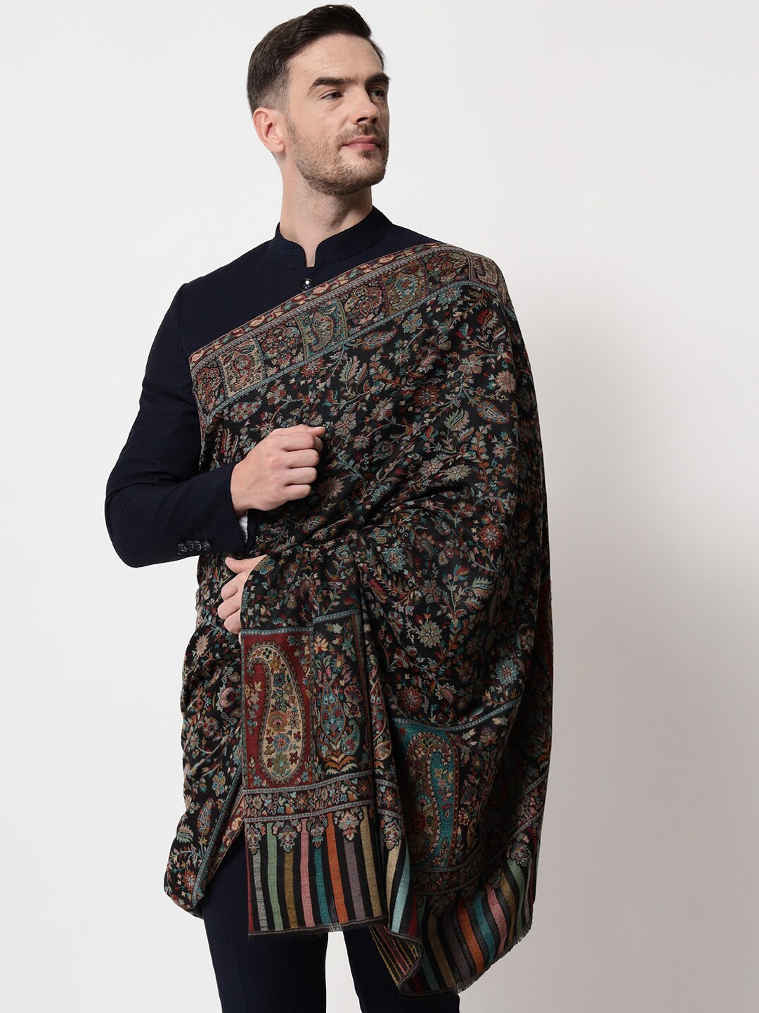 

Pashtush Men Black Woven Design Shawl