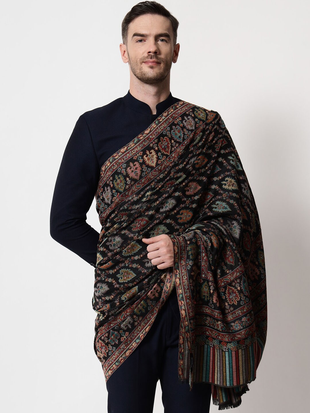 

Pashtush Men Black & Red Ethnic Motif Woven Design Shawl