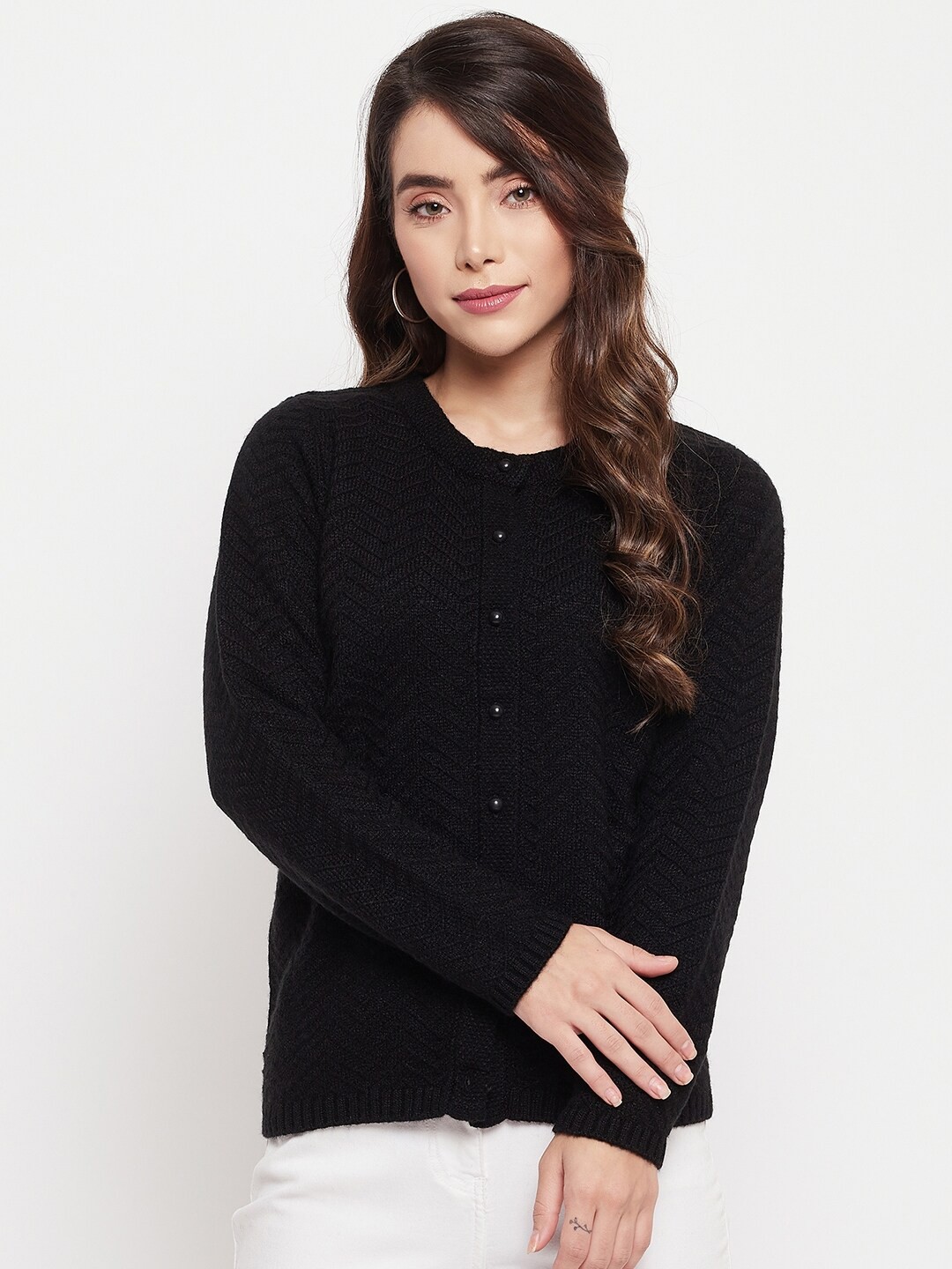 

Madame Women Black Solid Round Neck Cardigan