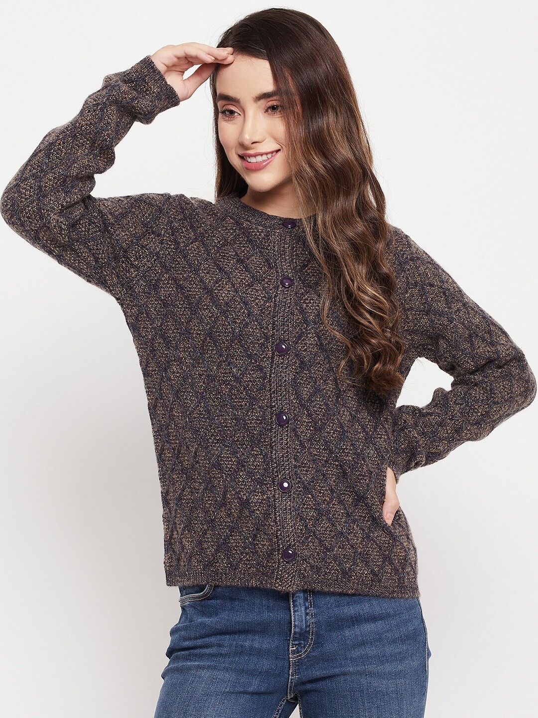 

Madame Women Navy Blue & Seal Brown Cable Knit Cardigan