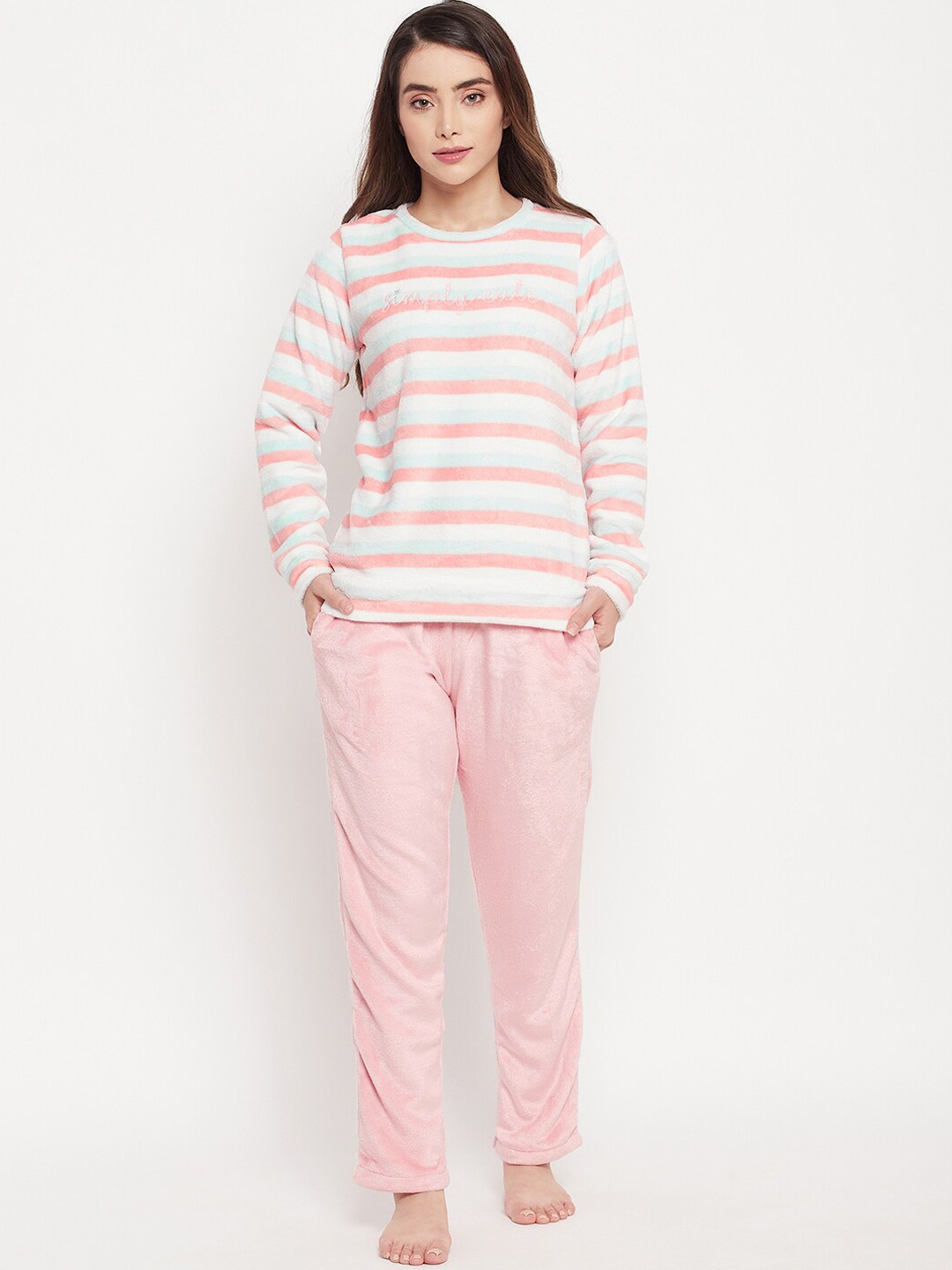 

MADAME M SECRET Women Peach-Coloured & White Striped Night Suit
