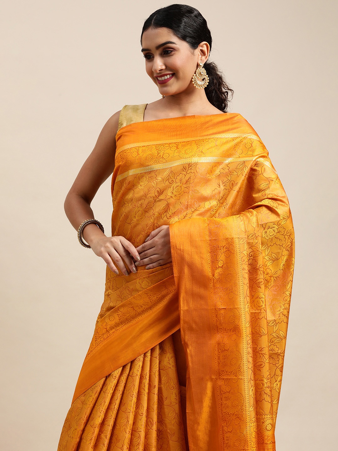 

Pothys Mustard Floral Art Silk Banarasi Saree