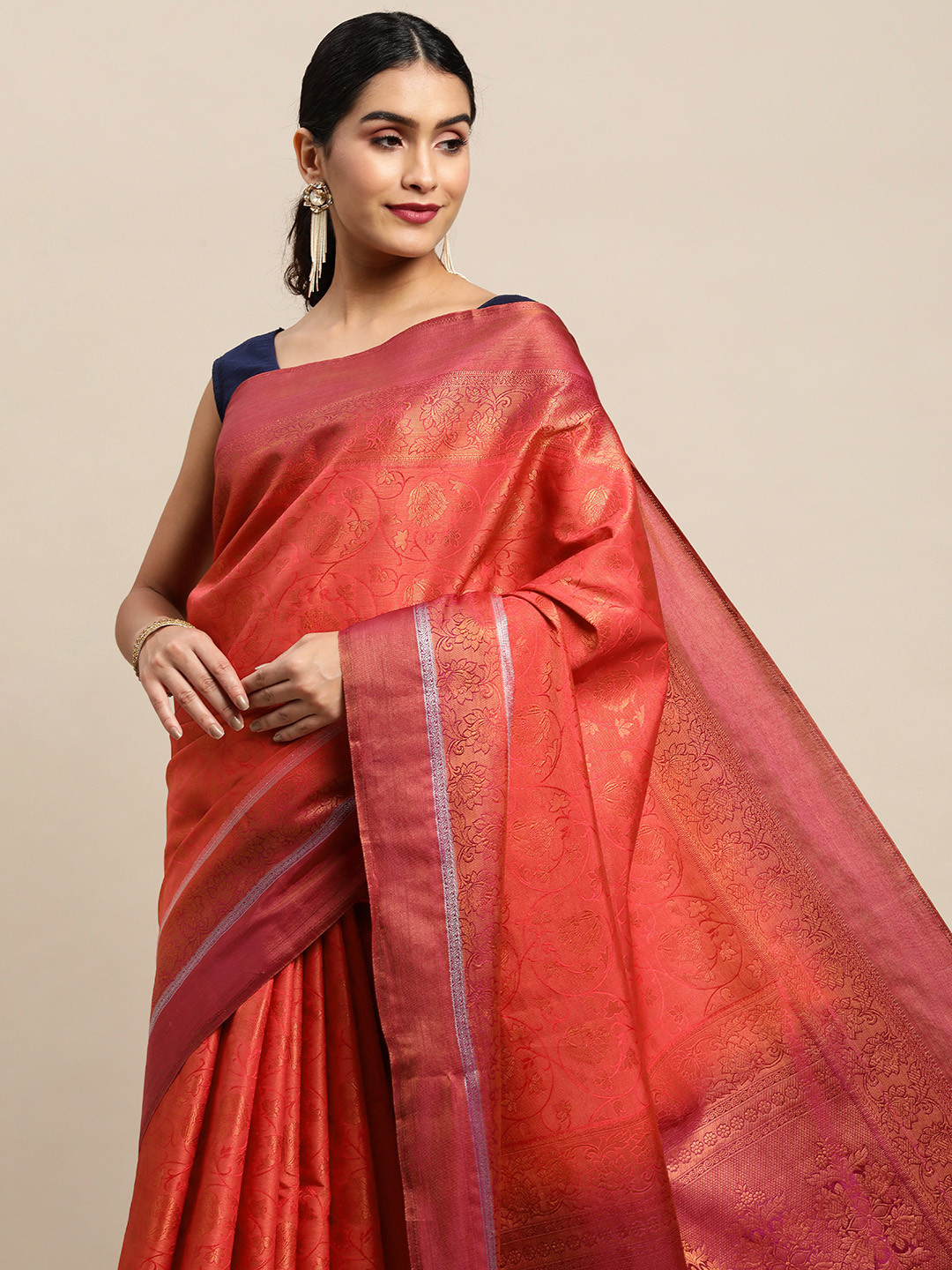 

Pothys Red Floral Art Silk Banarasi Saree