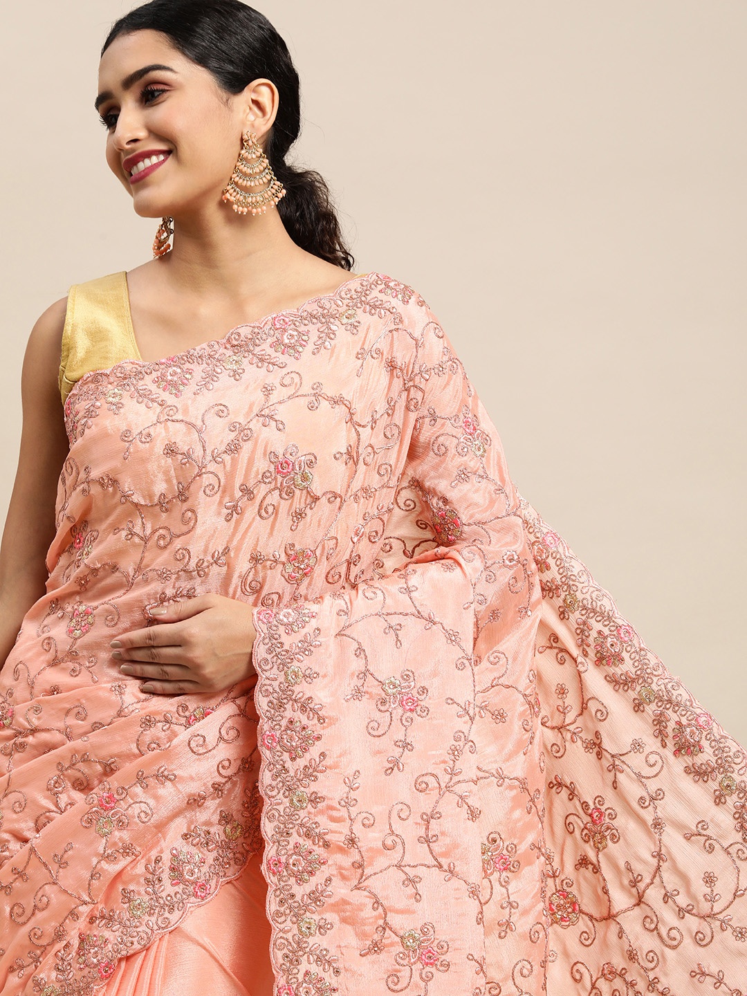 

Pothys Peach-Coloured Floral Pure Chiffon Saree