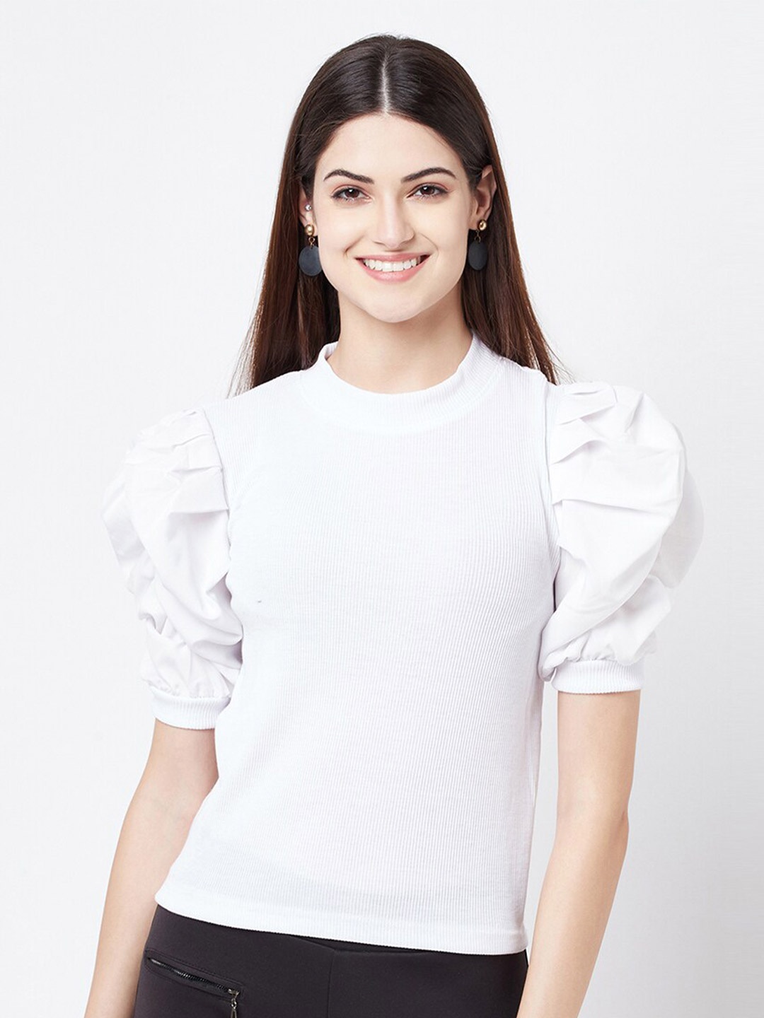 

ELEGANCE Women White High Neck Puff Sleeves T-shirt