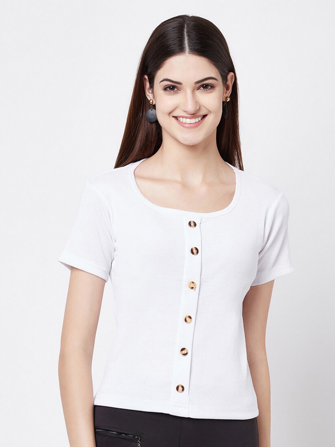 

ELEGANCE Women White Solid Cotton T-shirt