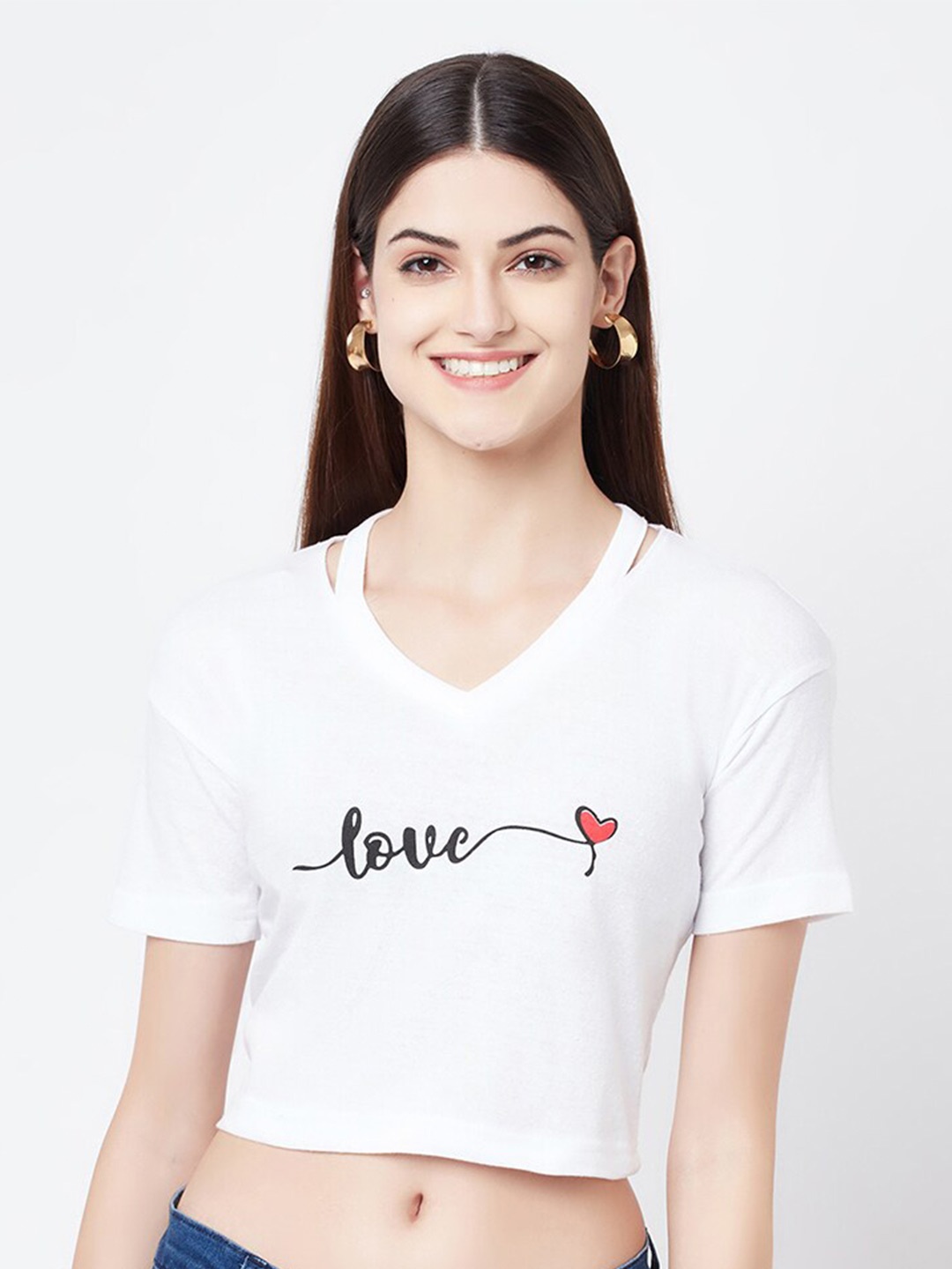 

ELEGANCE Women White Printed V-Neck T-shirt