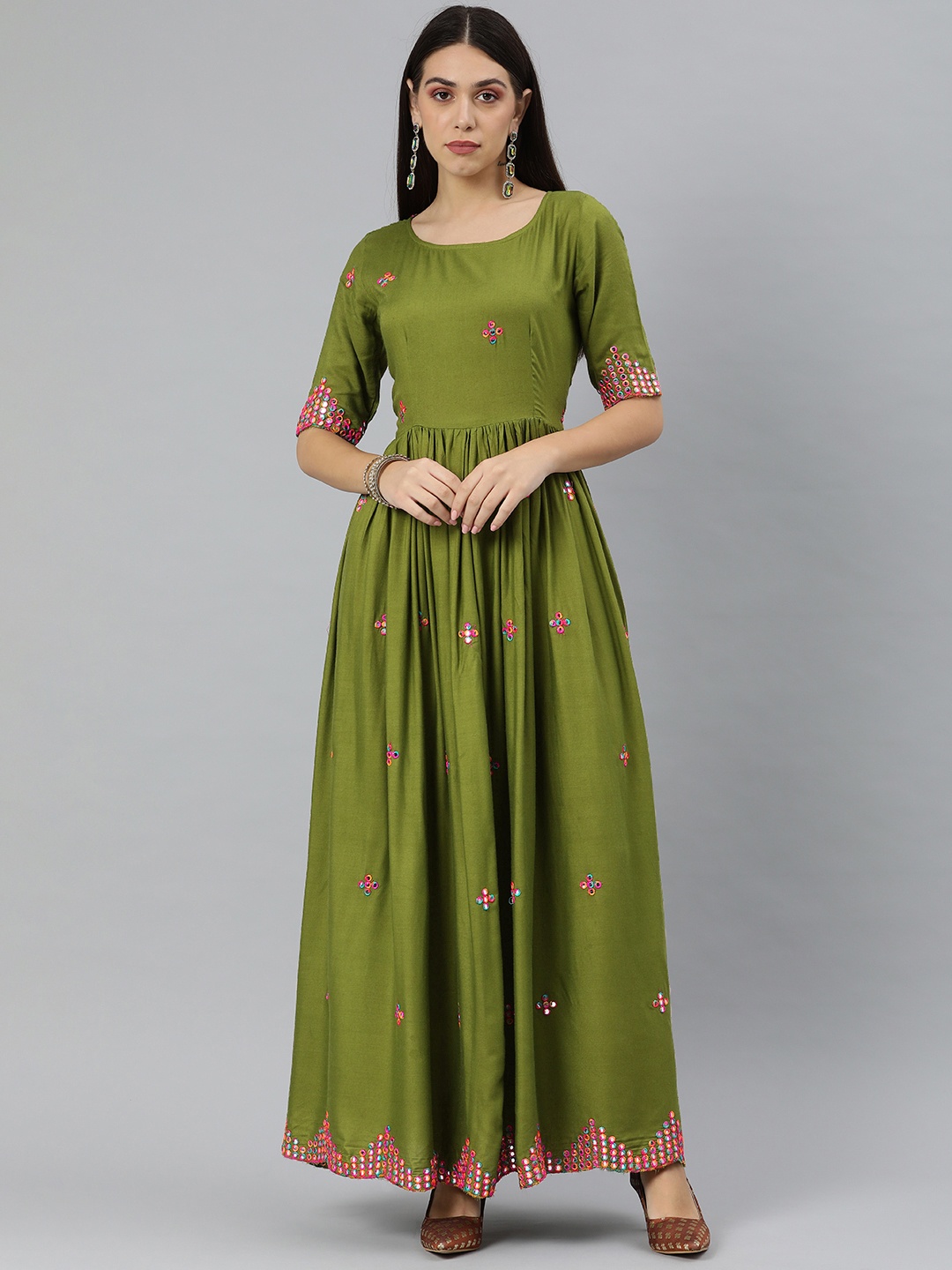

Swishchick Women Olive Green Mirror Work Ethnic Maxi Dress