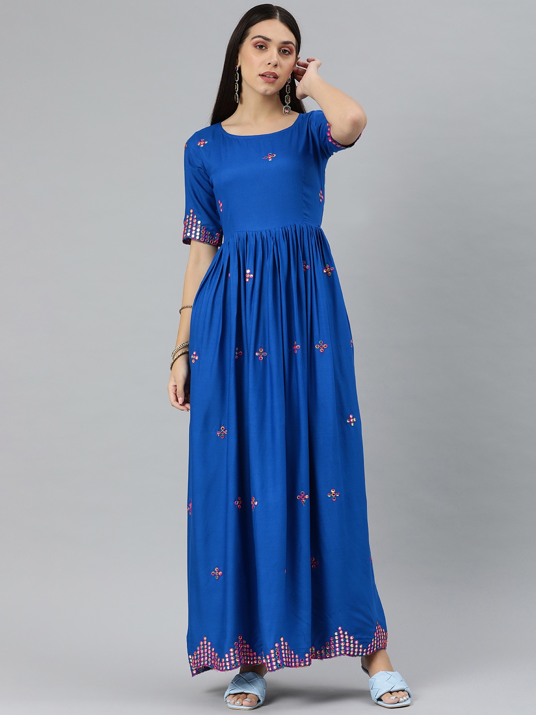 

Swishchick Women Blue Mirror Work Maxi Dress