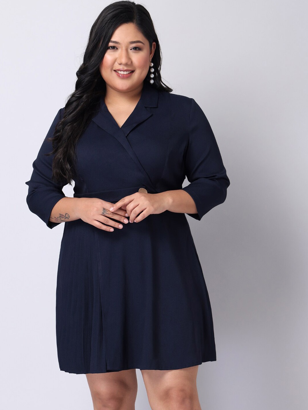 

FabAlley Curve Women Plus Size Blue Solid Crepe Dress