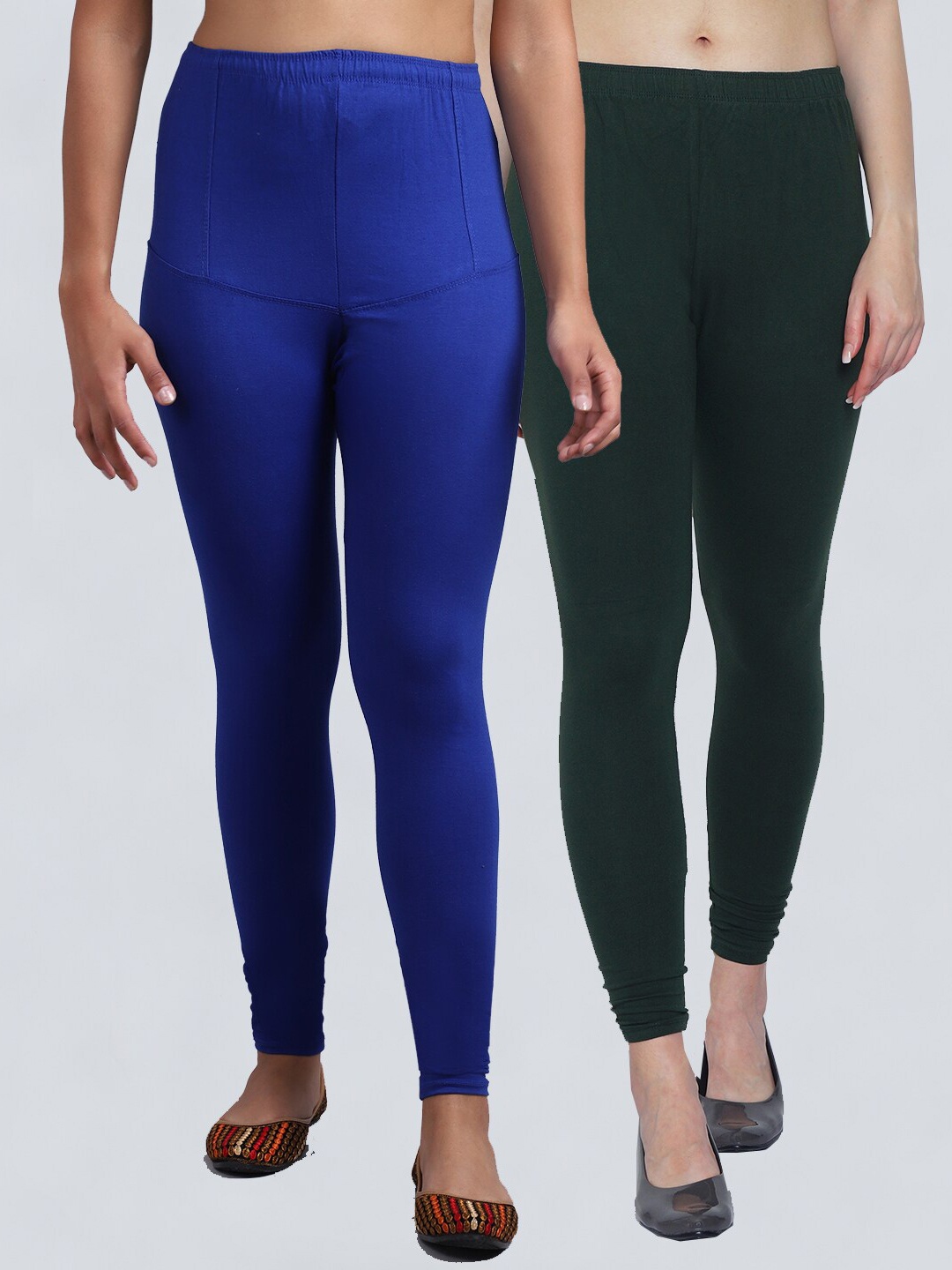 

GRACIT Women Pack Of 2 Blue & Green Solid Churidar Length Leggings