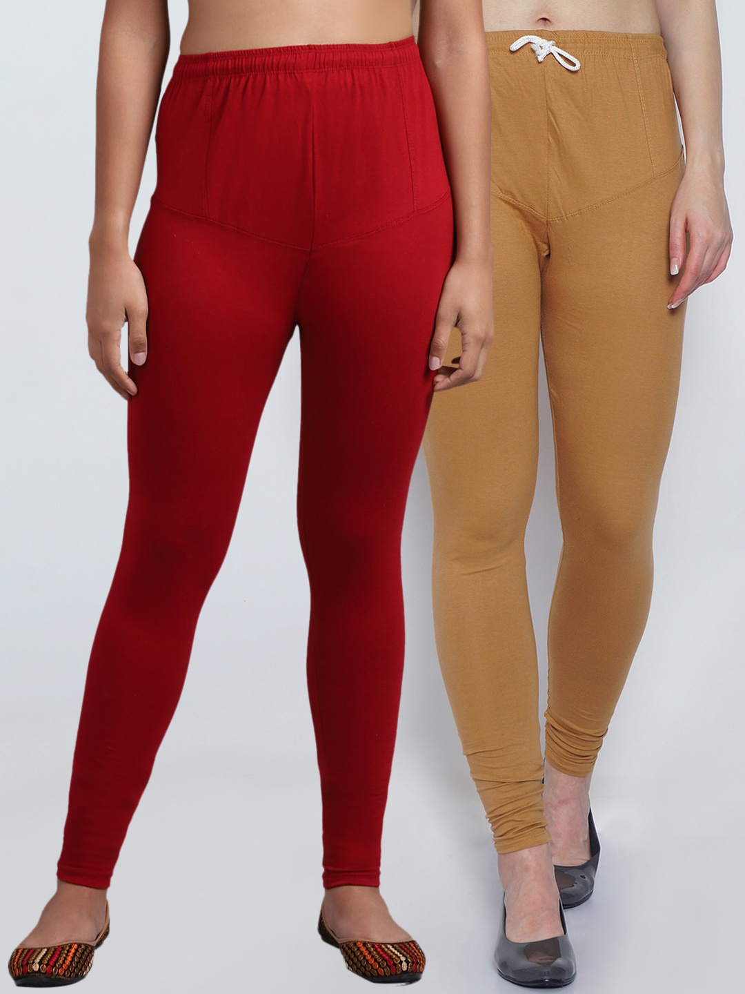 

GRACIT Women Pack Of 2 Maroon & Beige Solid Churidar-Length Leggings