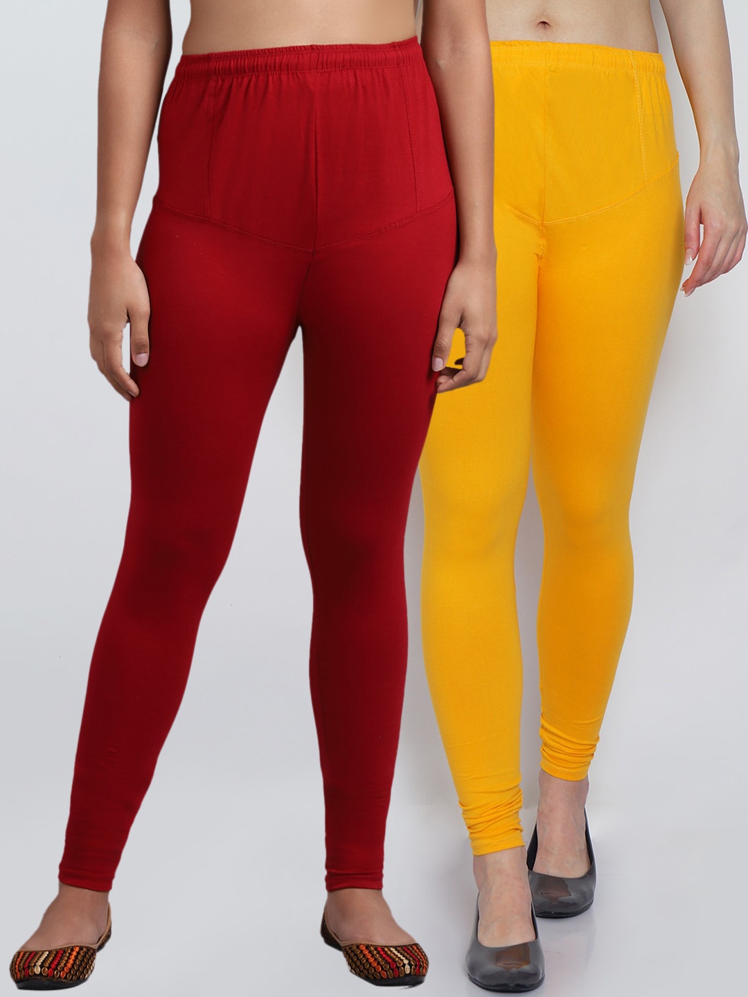 

GRACIT Pack Of 2 Women Maroon & Yellow Solid Churidar-Length Leggings