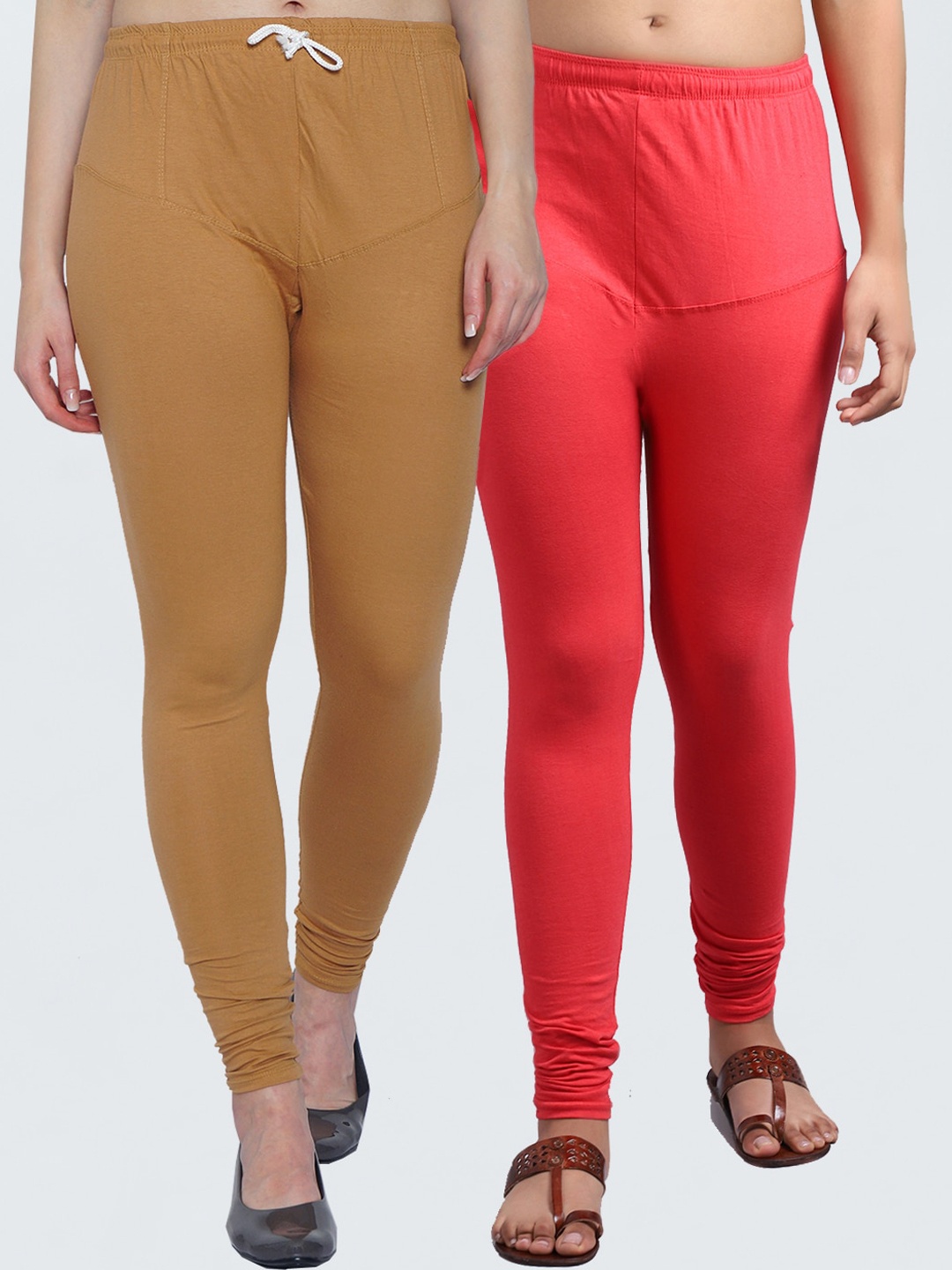 

GRACIT Women Pack Of 2 Orange & Beige Solid Churidar-Length Leggings