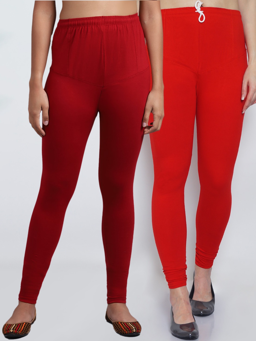 

GRACIT Women Pack Of 2 Red & Maroon Solid Churidar-Length Leggings