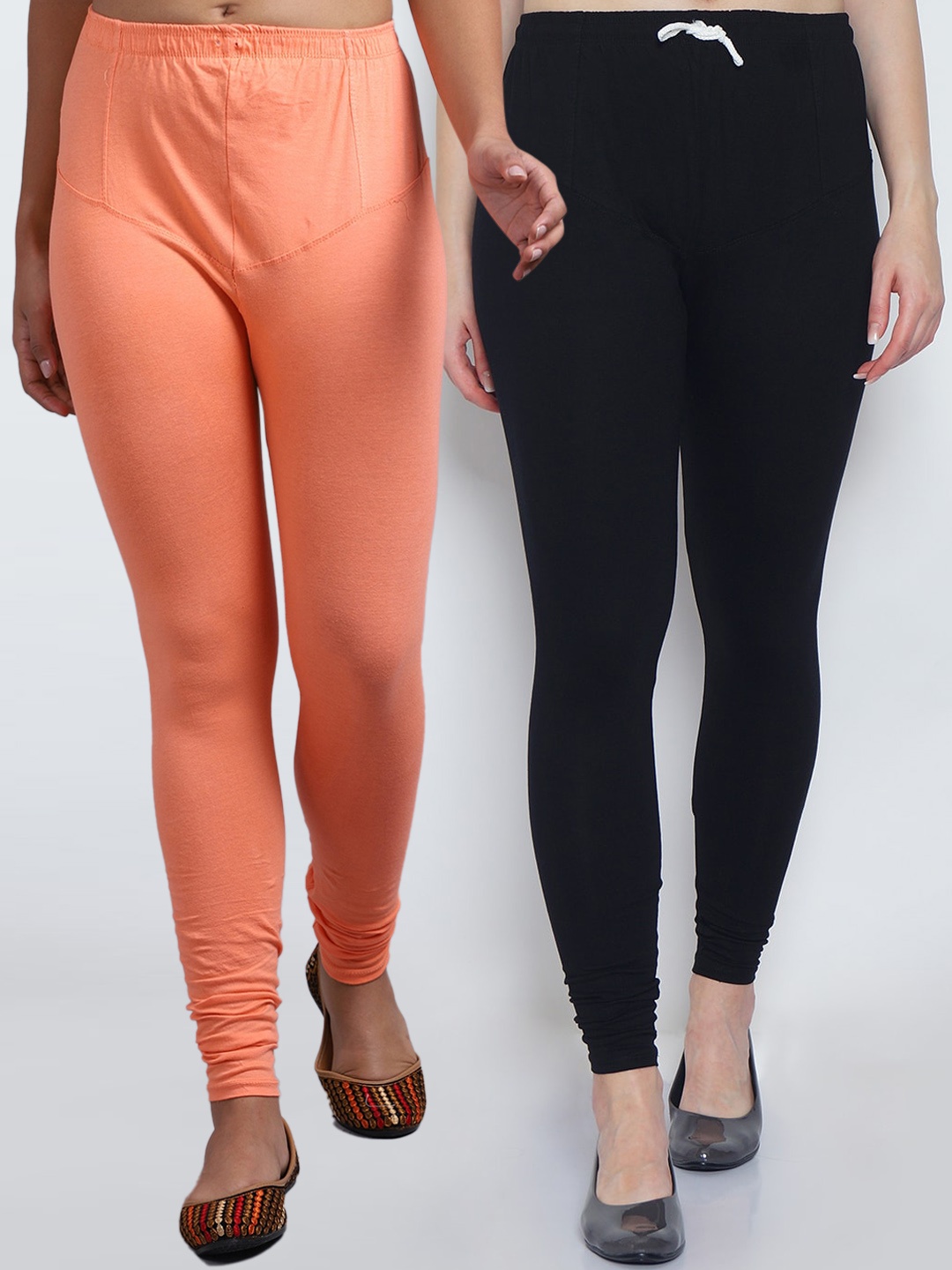 

GRACIT Women Pack Of 2 Black & Peach Solid Churidar Length Leggings