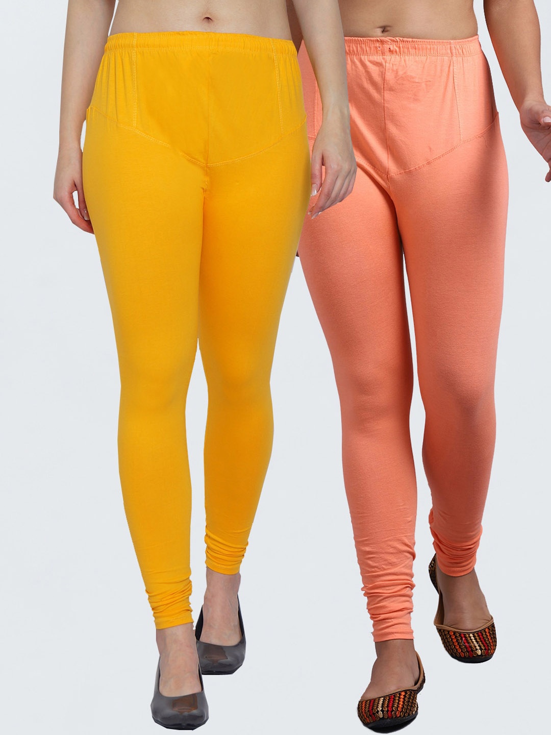 

GRACIT Women Pack Of 2 Yellow & Peach-Coloured Solid Churidar-Length Leggings