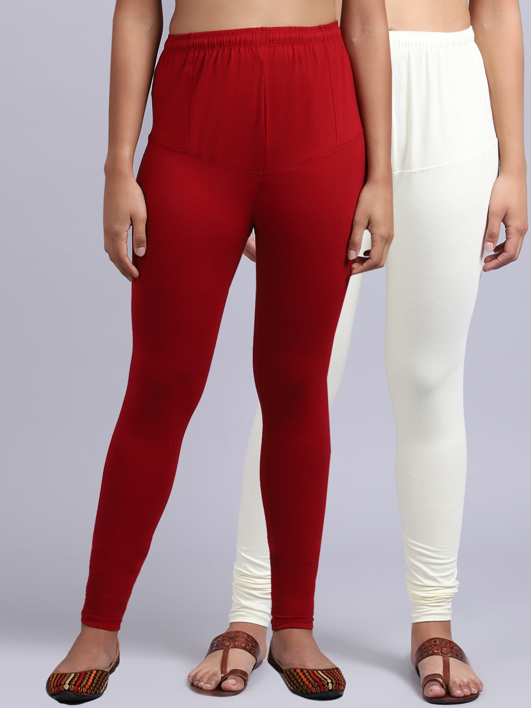 

GRACIT Women Pack Of 2 Maroon & Off White Solid Churidar-Length Leggings