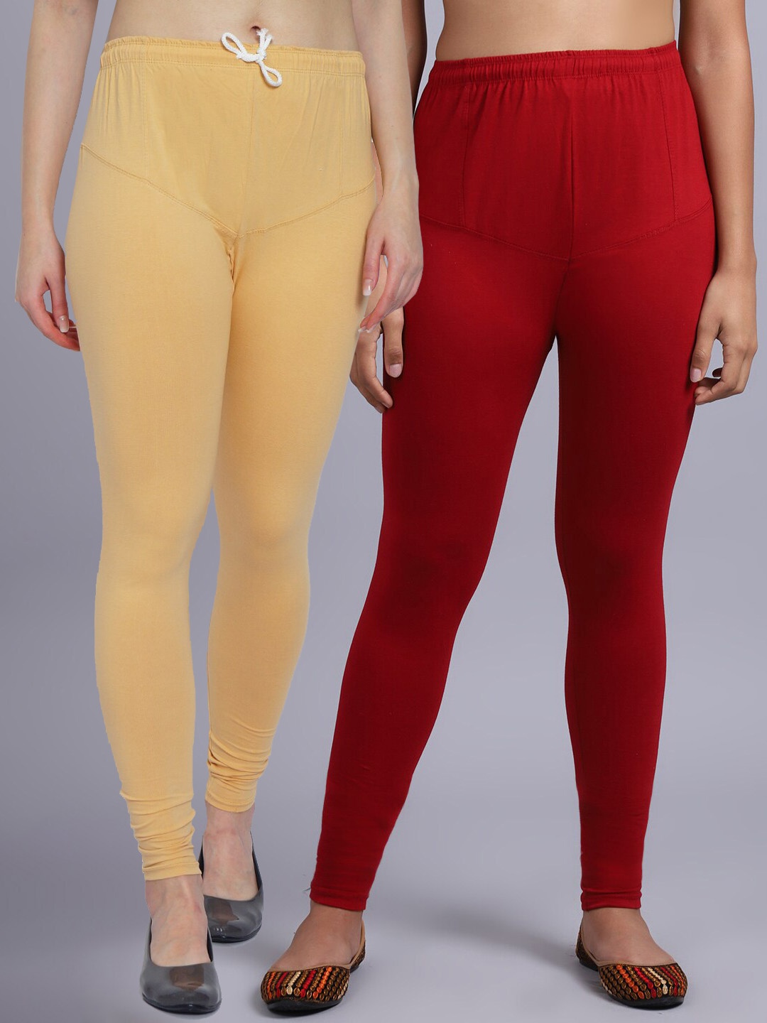 

GRACIT Women Beige & Red Pack Of 2 Solid Churidar-Length Leggings