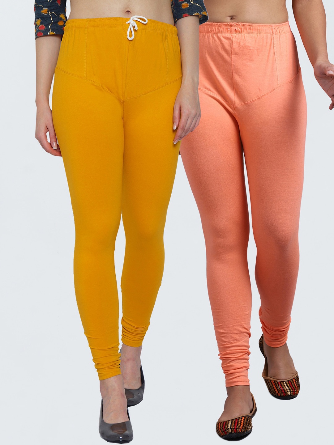 

GRACIT Women Yellow & Peach Pack Of 2 Super Combed Cotton Lycra Churidar Length Leggings