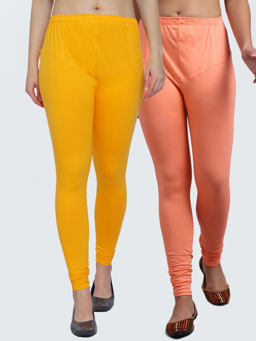 

GRACIT Women Yellow & Peach Pack Of 2 Solid Churidar-Length Leggings