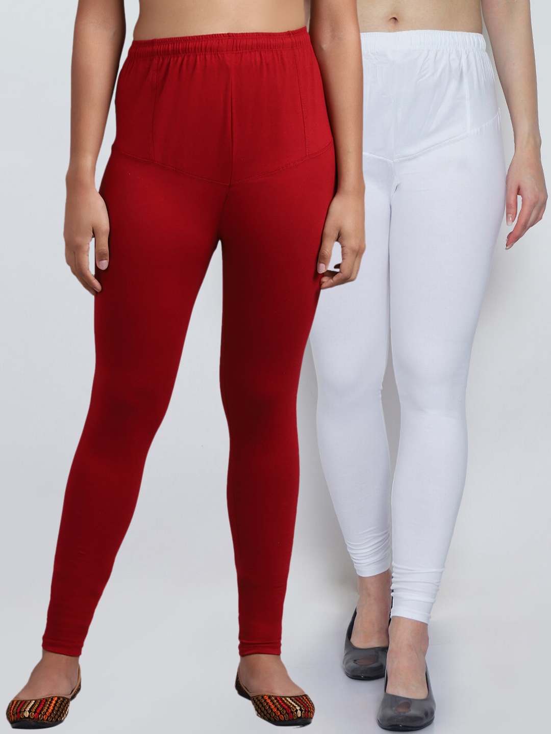 

GRACIT Women Pack Of 2 White & Maroon Solid Churidar-Length Leggings