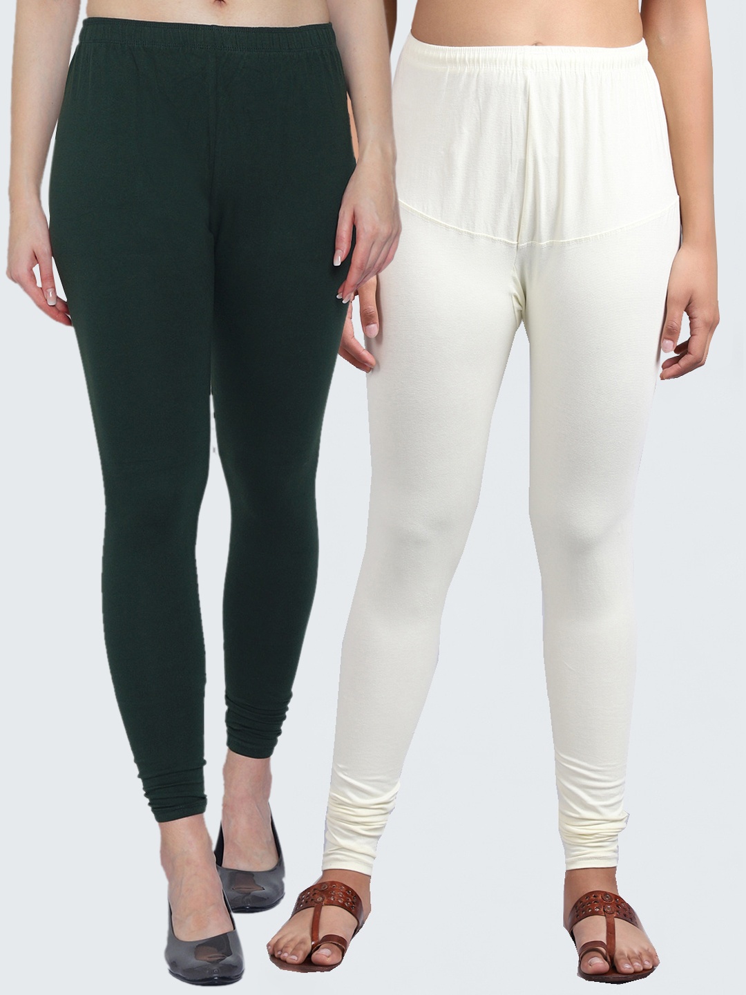 

GRACIT Women Pack Of 2 Off White & Green Solid Churidar-Length Leggings