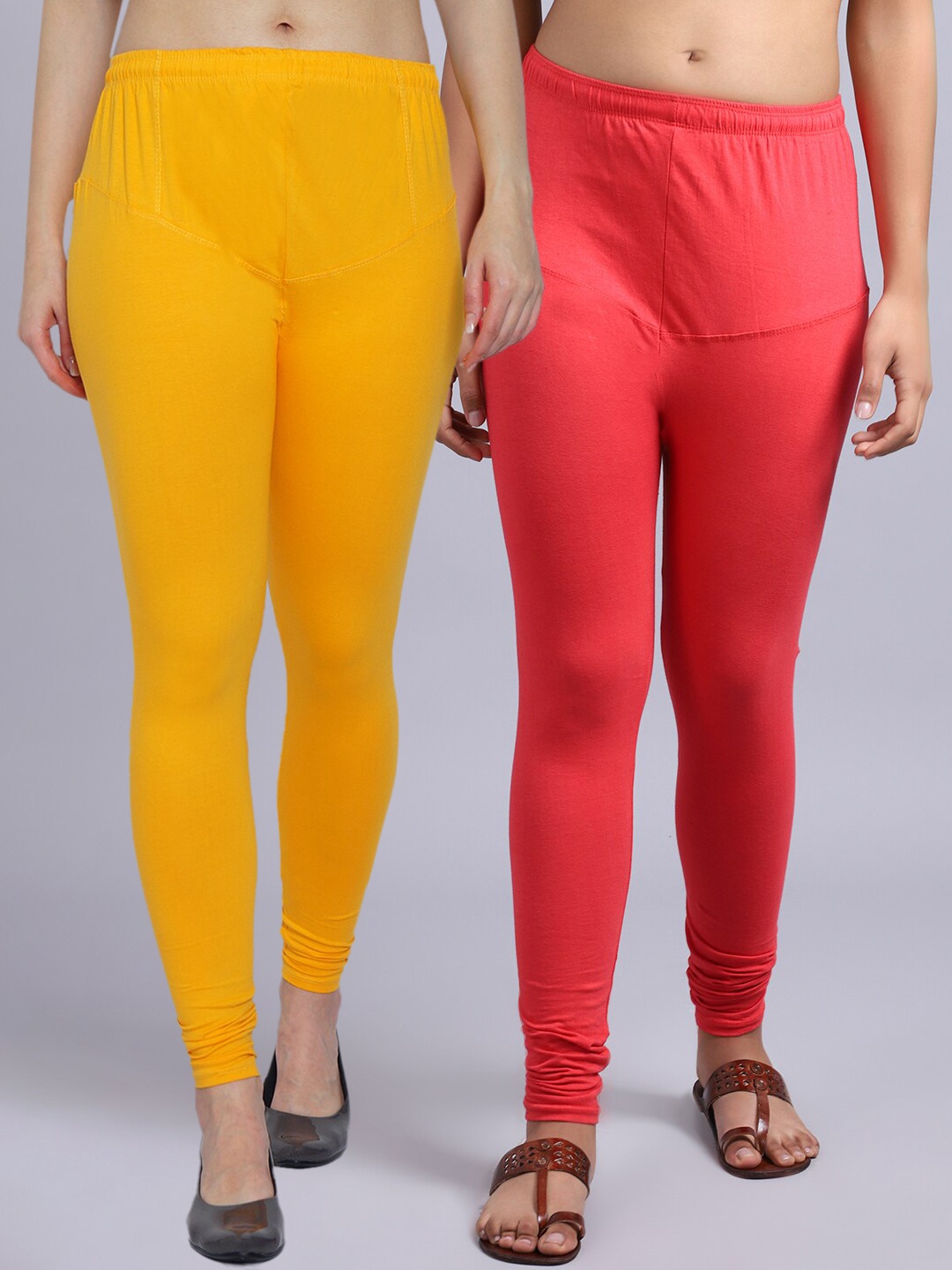 

GRACIT Set Of 2 Women Yellow And Orange Solid Cotton Leggings