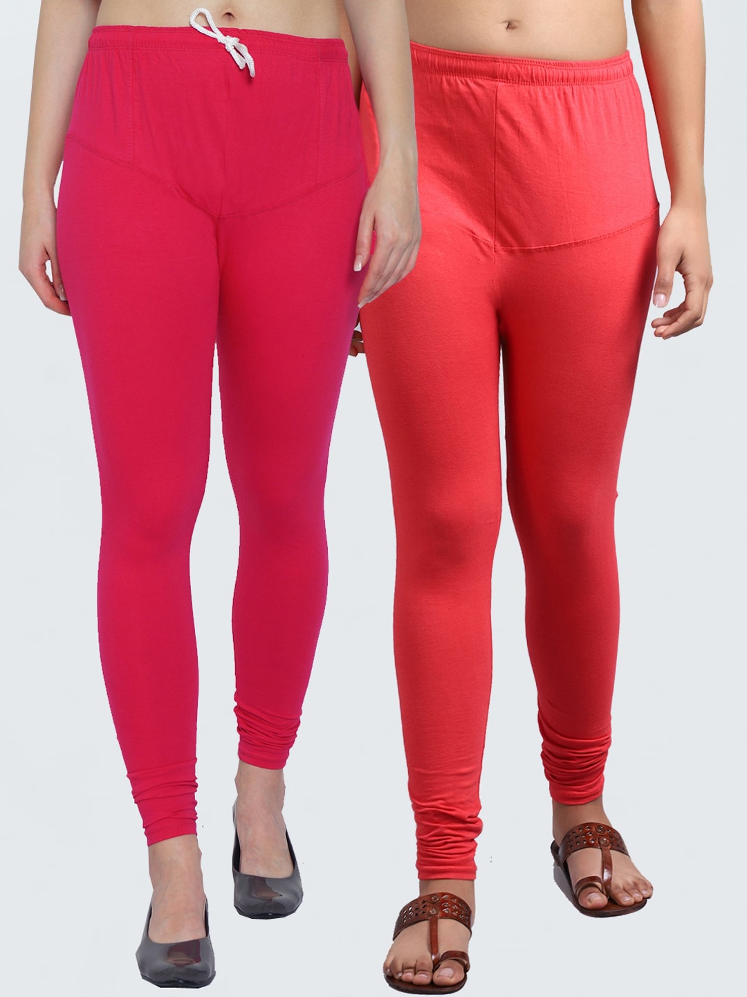 

GRACIT Women Pack Of 2 Pink & Orange Solid Churidar-Length Leggings