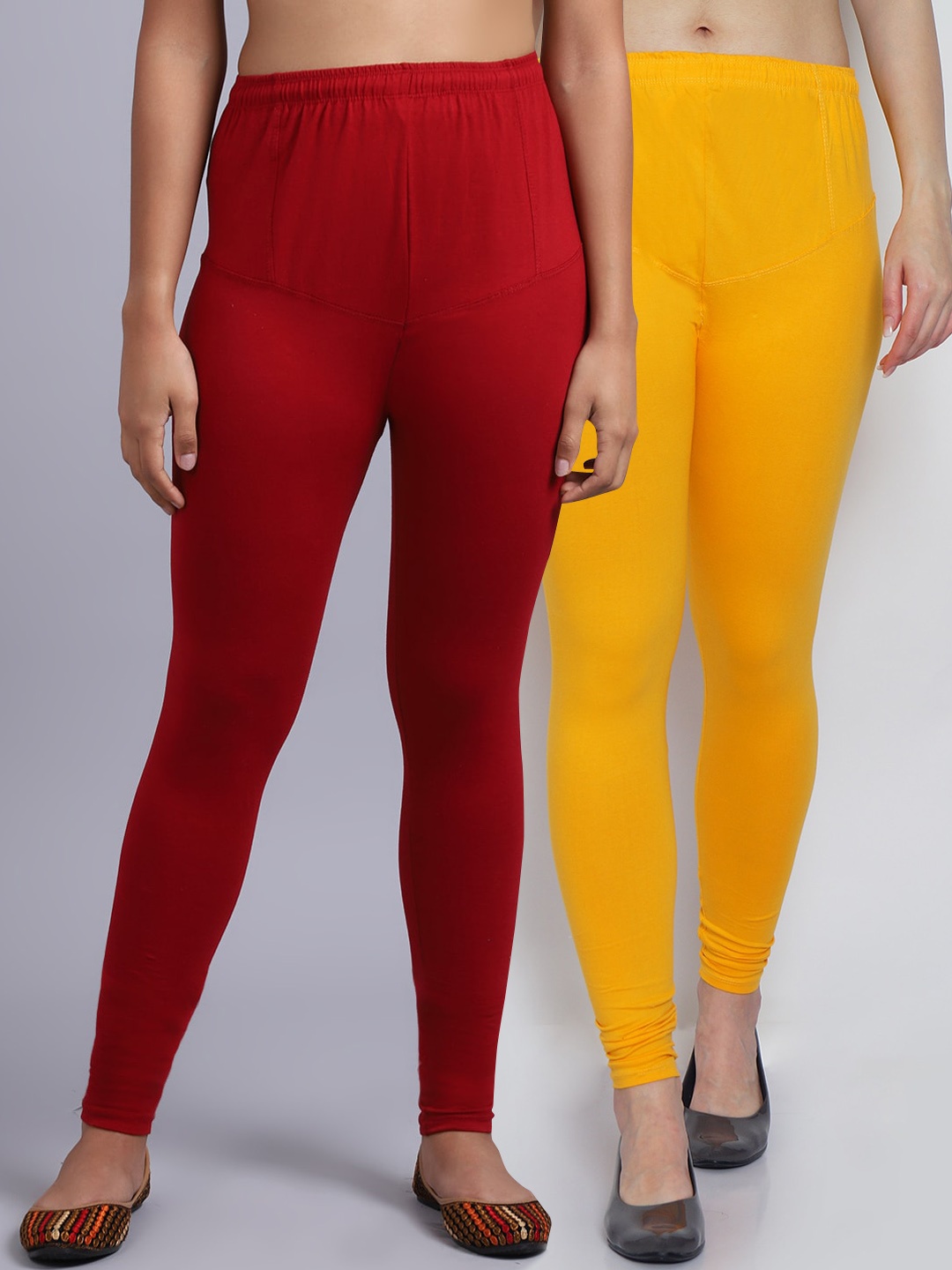 

GRACIT Women Pack of 2 Yellow & Maroon Solid Churidar-Length Leggings