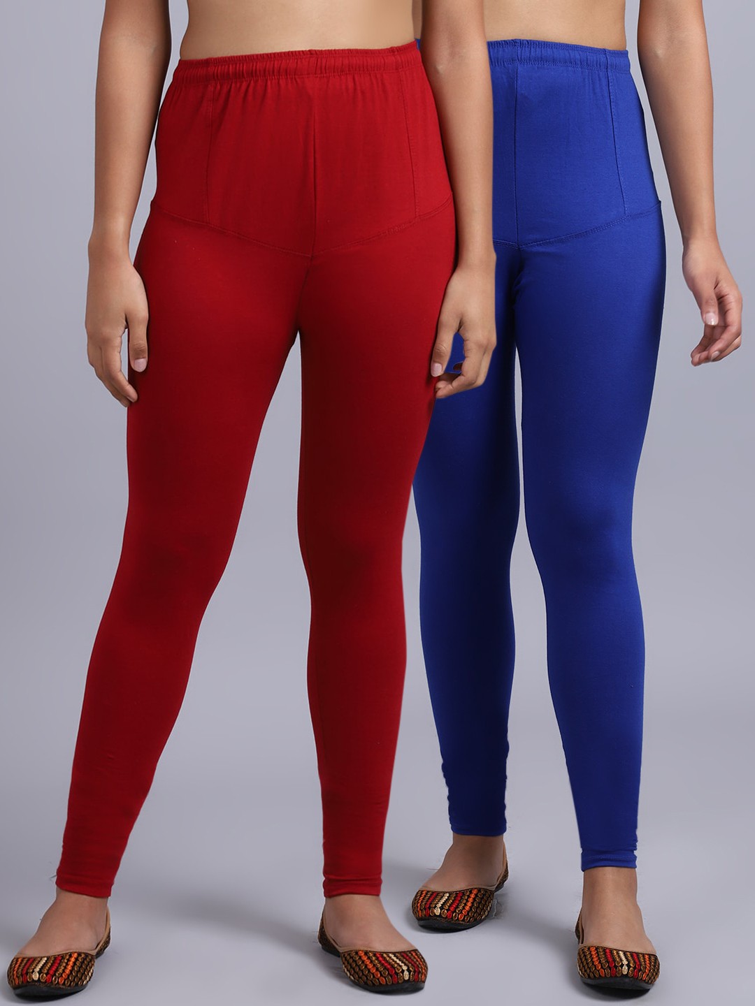 

GRACIT Women Set of 2 Red & Blue Solid Ankle-Length Leggings