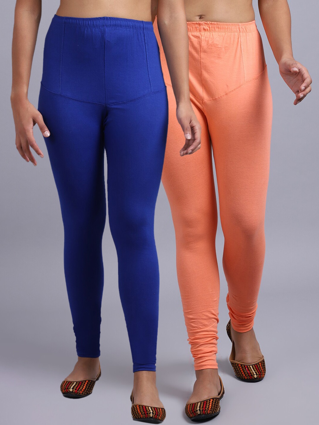 

GRACIT Women Pack Of 2 Blue & Peach-Coloured Solid Churidar-Length Leggings Leggings