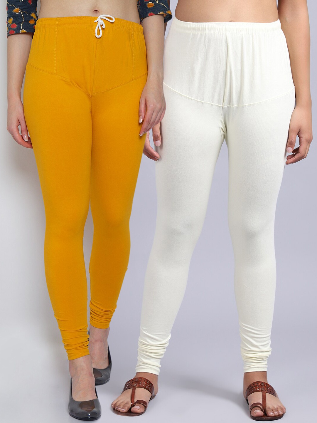 

GRACIT Women Pack of 2 Yellow & Off White Leggings