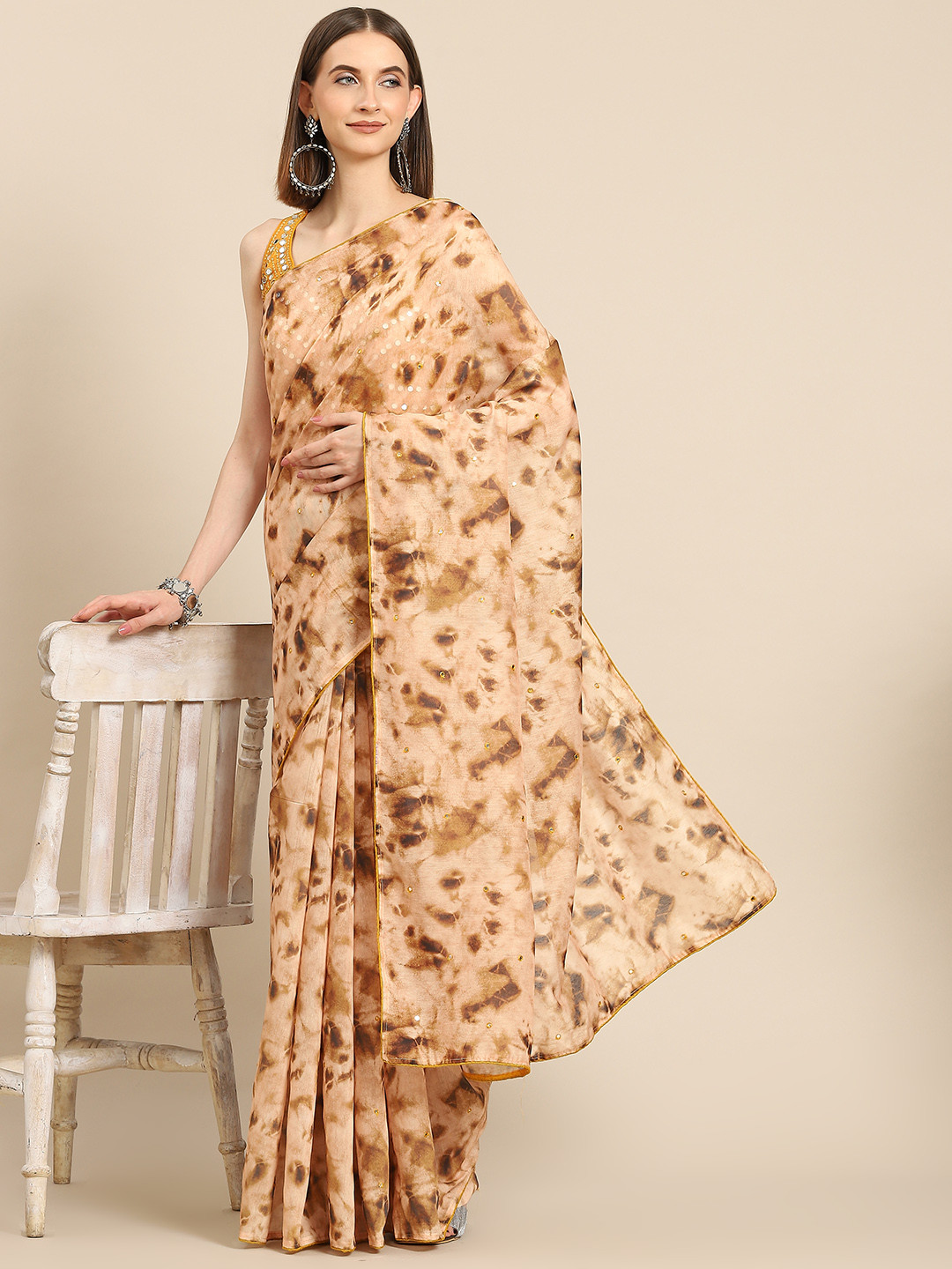 

all about you Mustard Green Tie and Dye Mirror Work Pure Cotton Saree