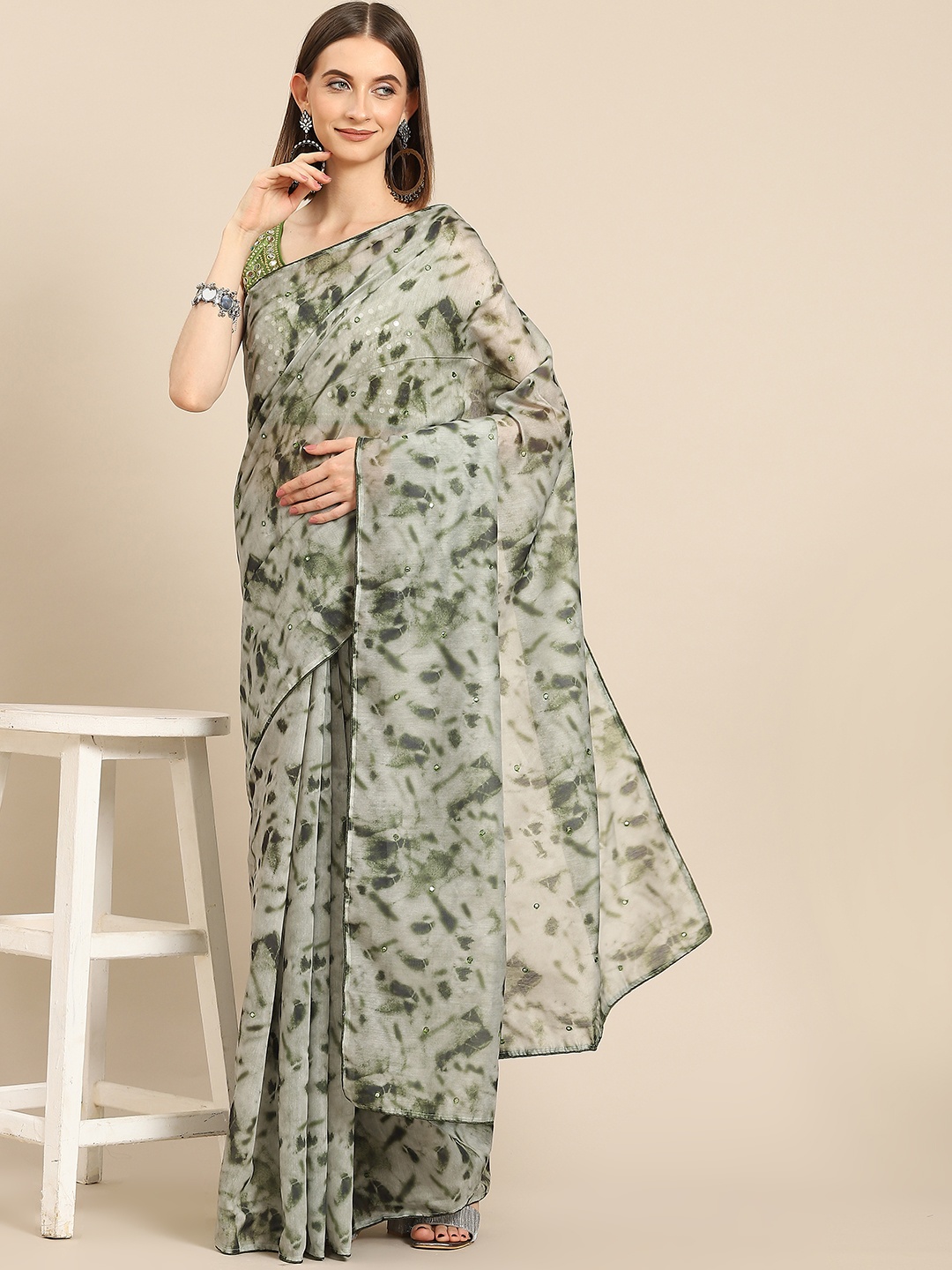 

all about you Sage Green Tie and Dye Mirror Work Pure Cotton Saree
