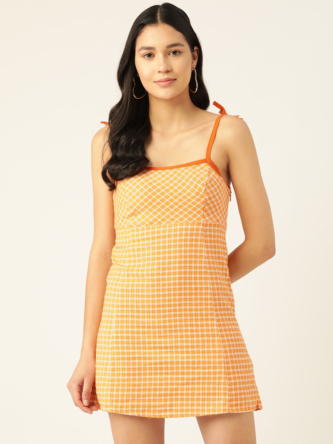 

FOREVER 21 Checked Pure Cotton Mini Sheath Dress, Orange
