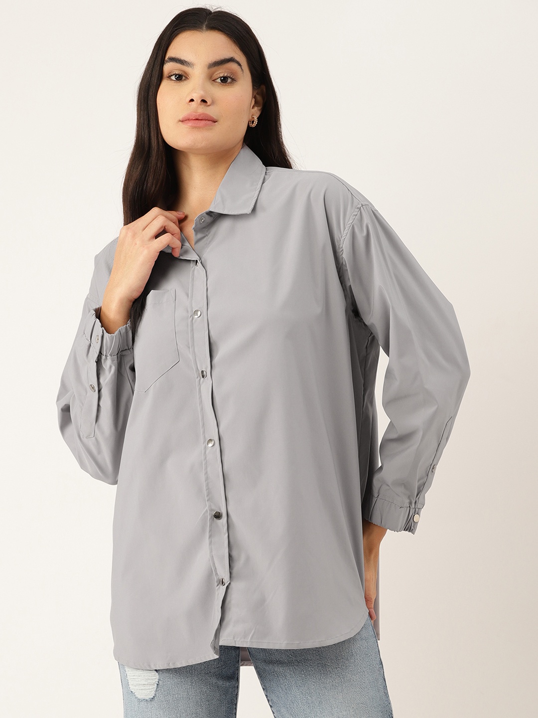 

FOREVER 21 Opaque Longline Oversized Shirt, Grey