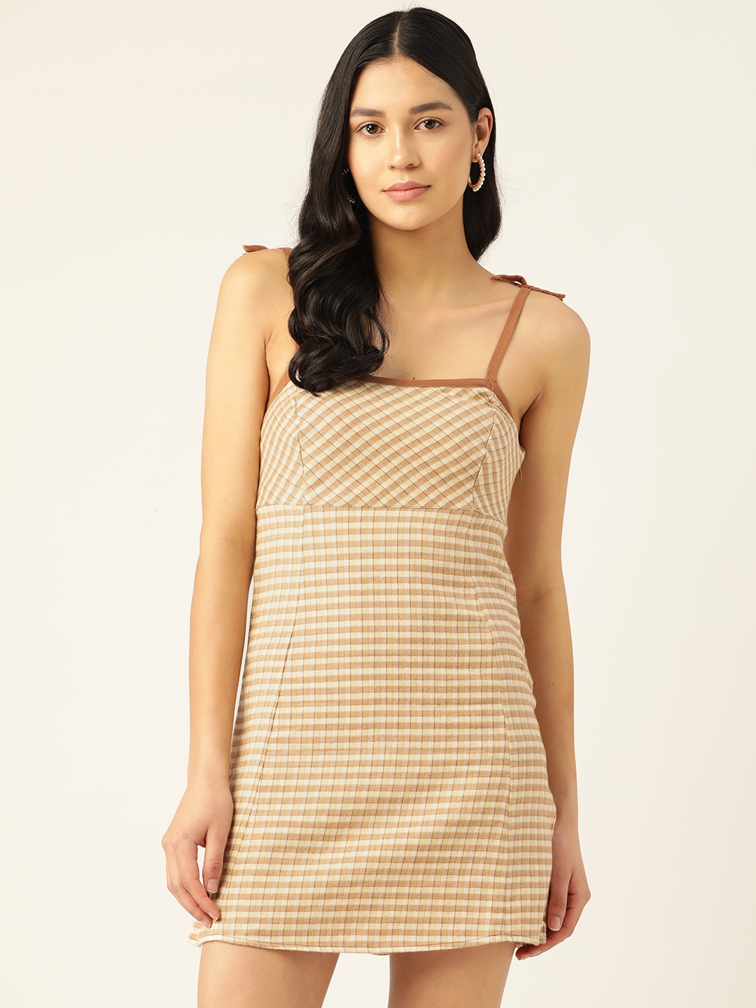 

FOREVER 21 Checked Pure Cotton Mini Sheath Dress, Beige