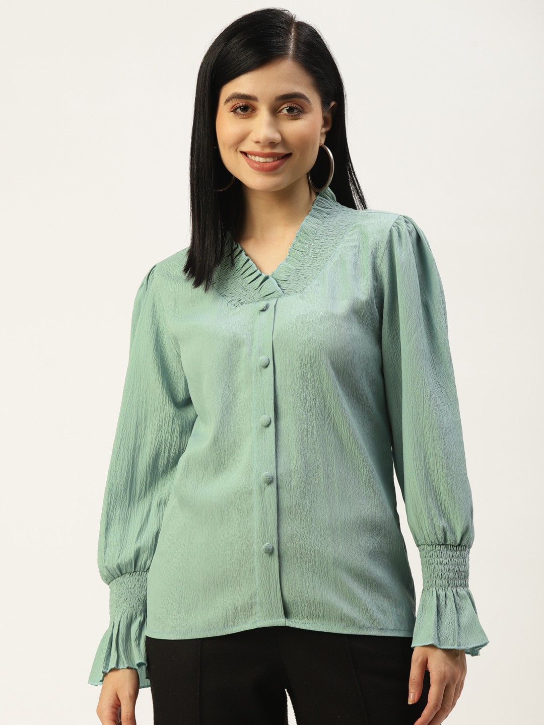 

AKIMIA Sea Green Bishop Sleeves Smocked Crepe Shirt Style Top
