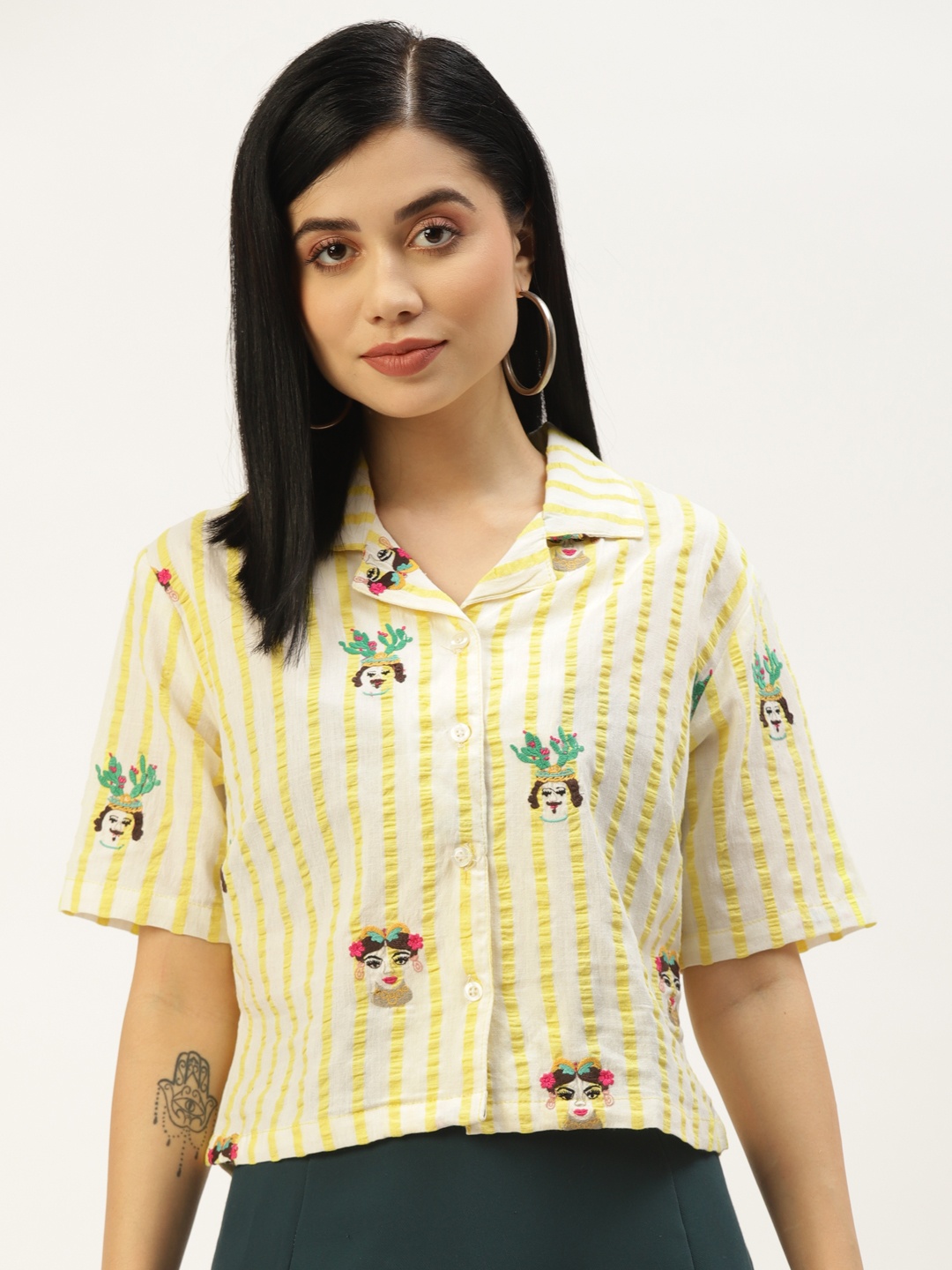 

AKIMIA Yellow & Off White Striped Cotton Shirt Style Crop Top