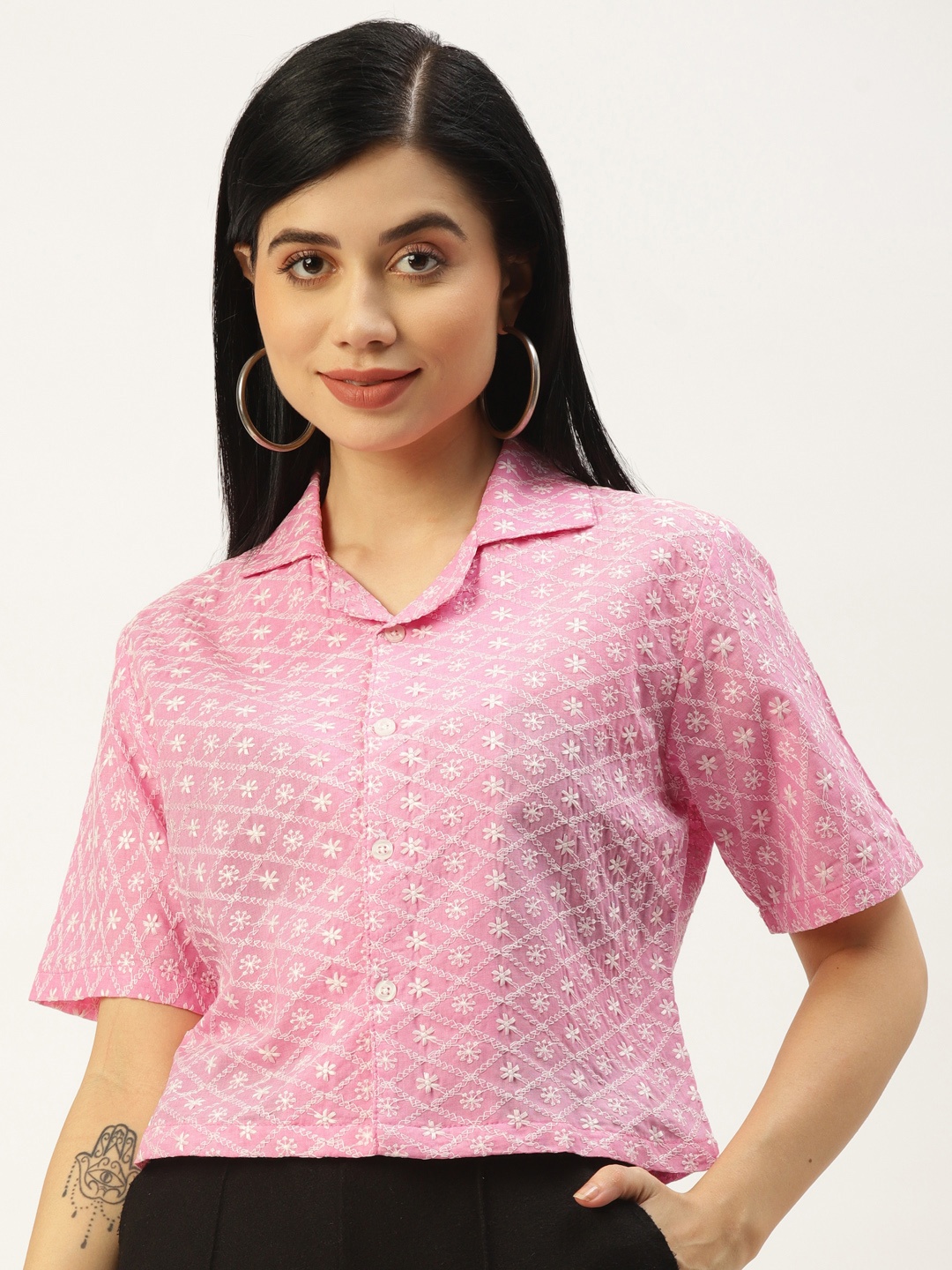 

AKIMIA Pink Floral Embroidered Cotton Shirt Style Crop Top