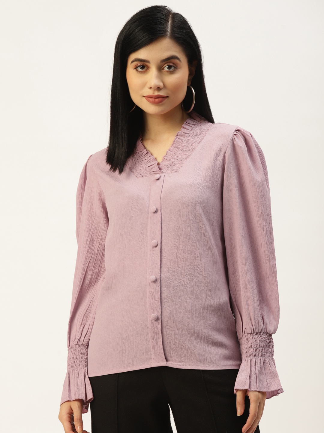 

AKIMIA Lavender Bishop Sleeves Smocked Crepe Shirt Style Top