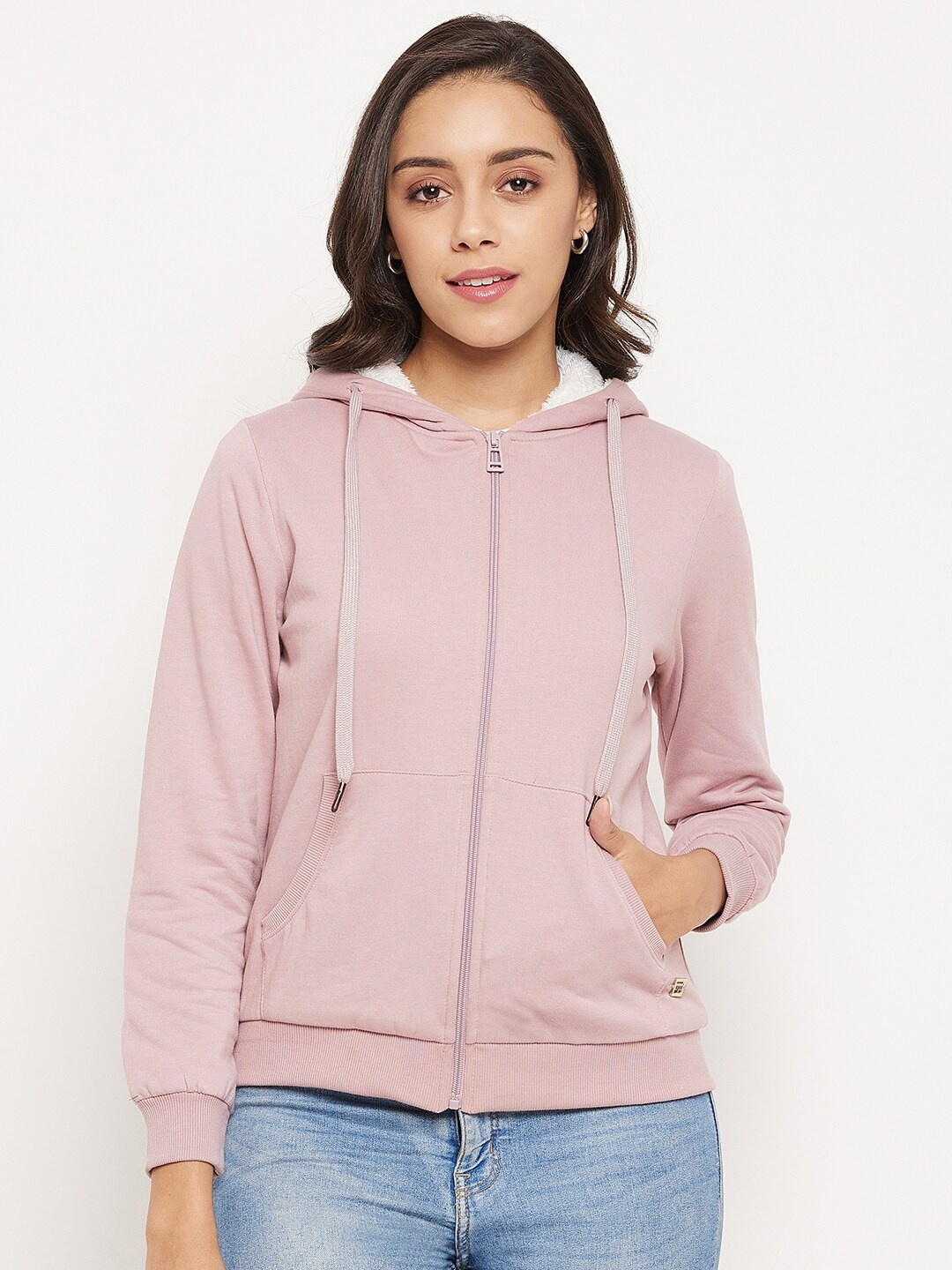 

Madame Women Mauve Solid Hooded Sweatshirt