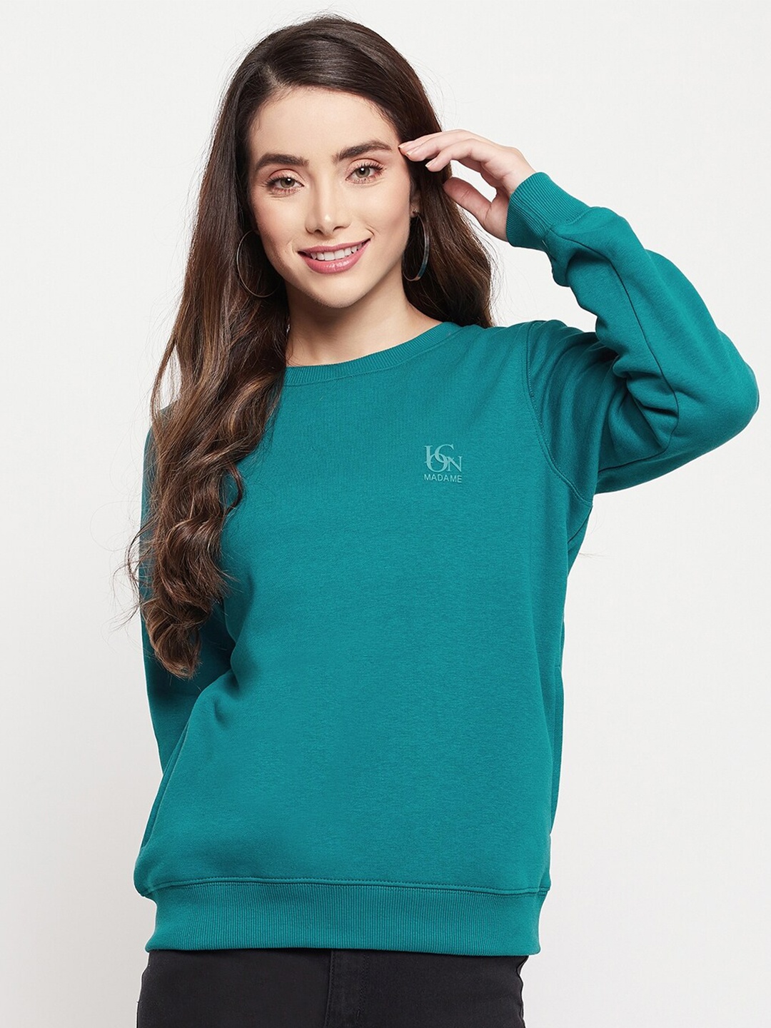 

Madame Women Turquoise Blue Solid Sweatshirt