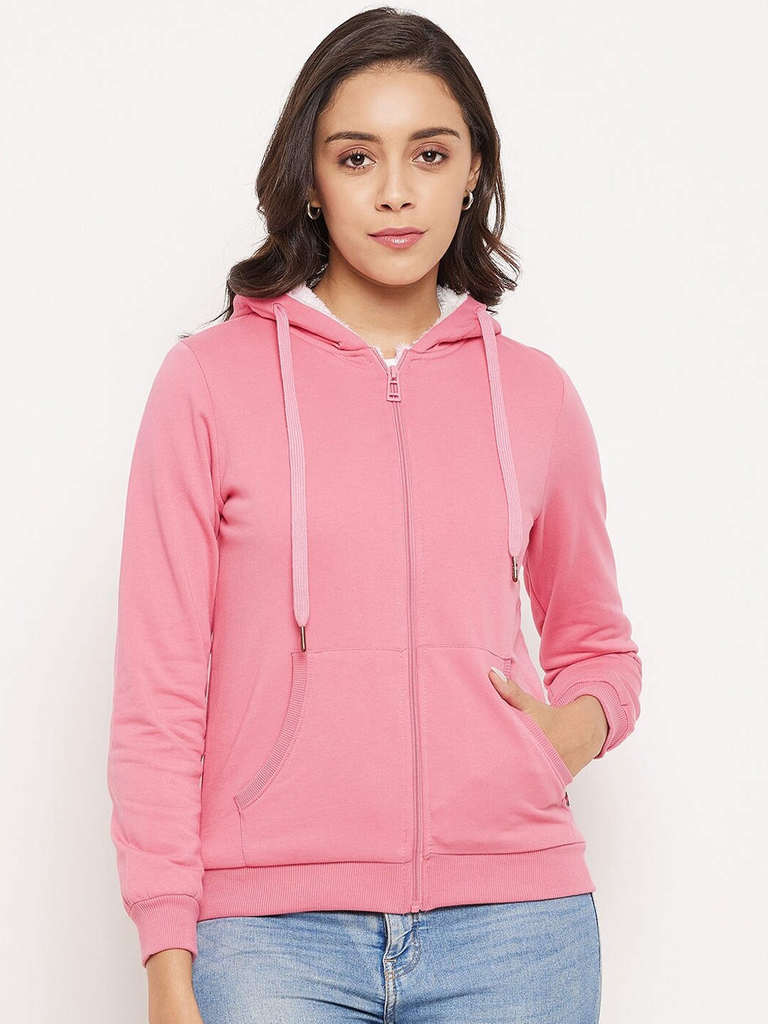 

Madame Women Pink Solid Hooded Sweatshirt