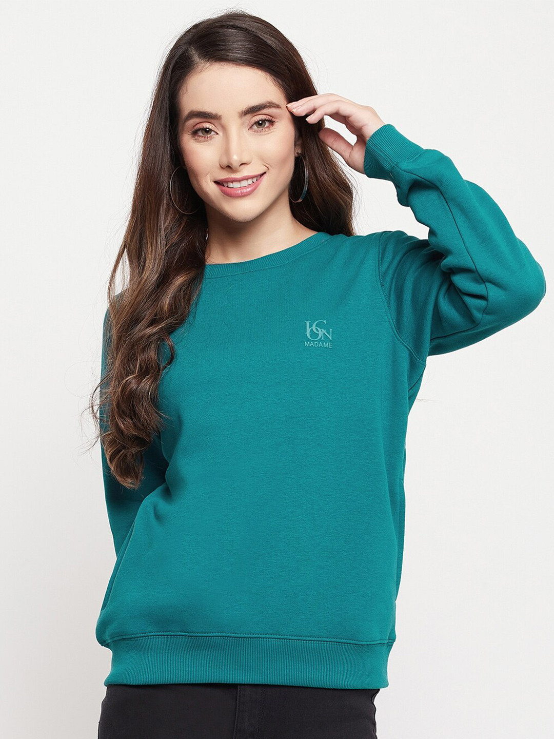 

Madame Women Teal Solid Round Neck Sweatshirt