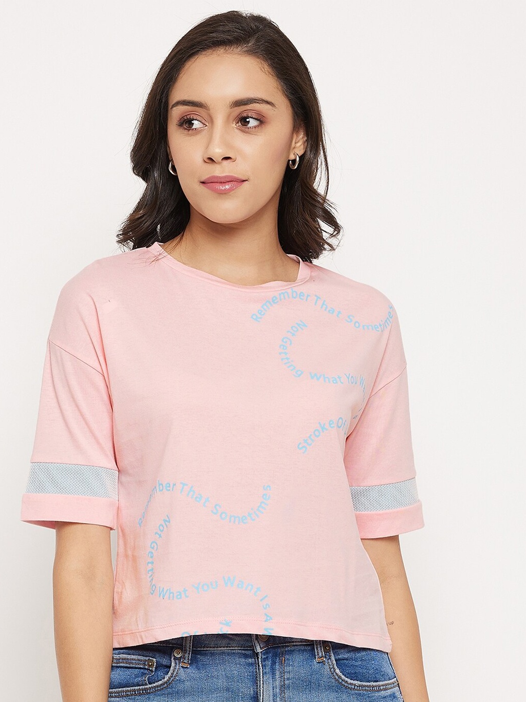 

Madame Pink Print Extended Sleeves Crop Top