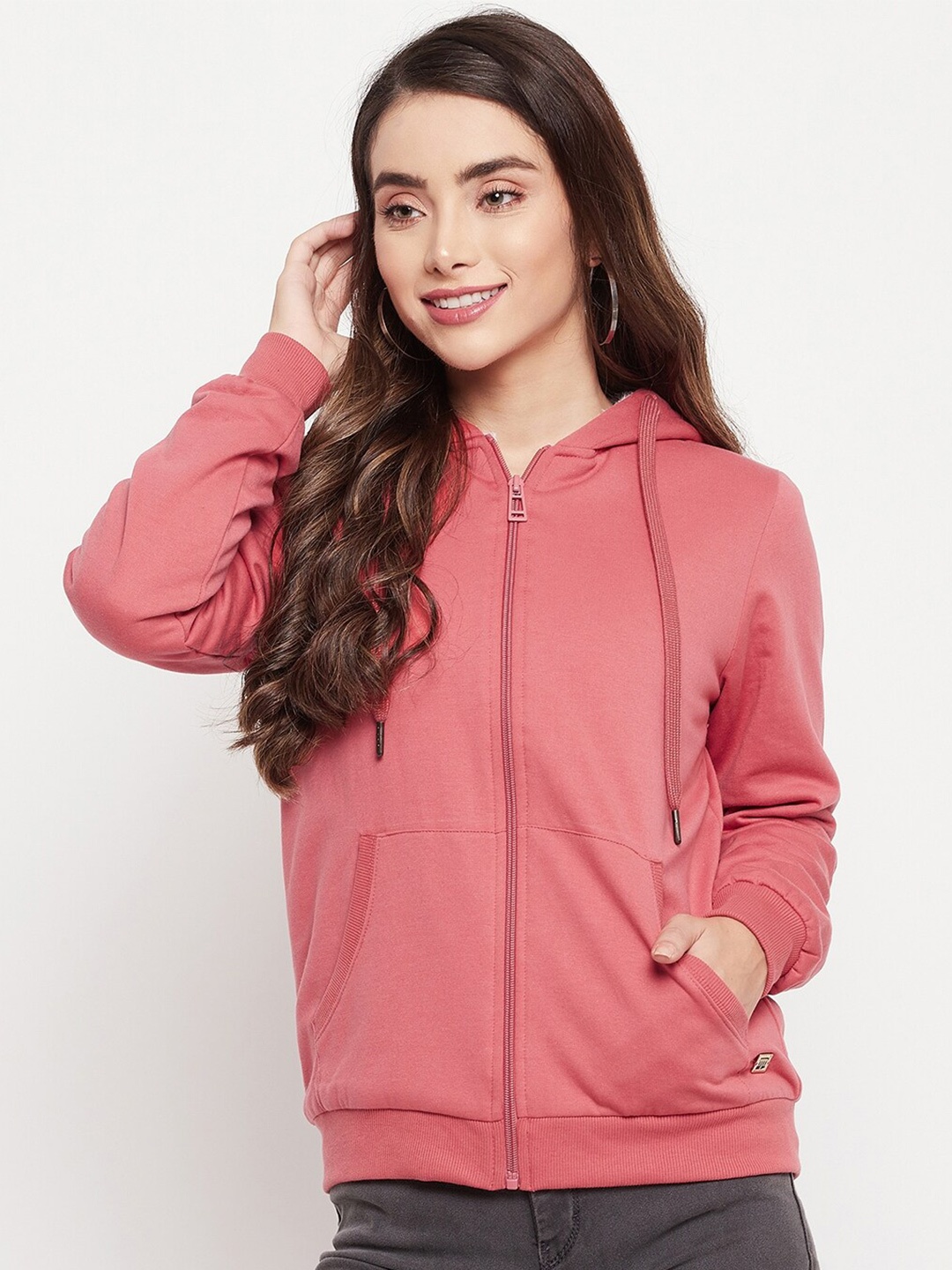 

Madame Women Self Design Red Hooded Sweatshirt